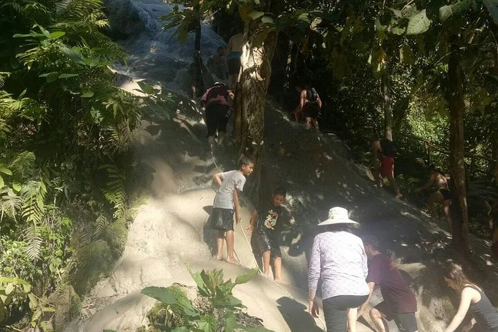 Group of people climbing up a rocky, cascading waterfall using ropes.